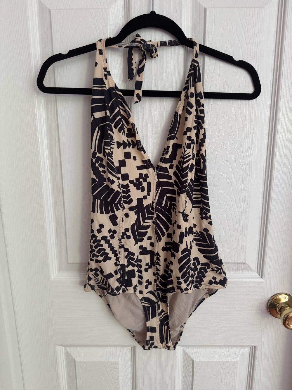 Beige and Black Printed Halter One-Piece Swimsuit by Syla